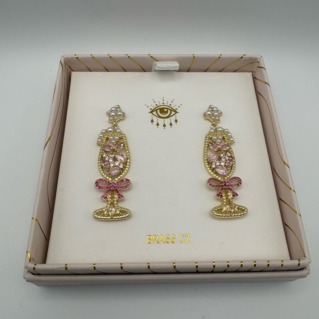Eye Candy Gold-Tone Pink Crystal Champagne Glass Drop Earrings